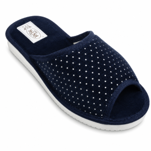 006-A.Damskie kapcie welurowe bez palców Pami – granatowe z delikatnym klinem 2,5 cm