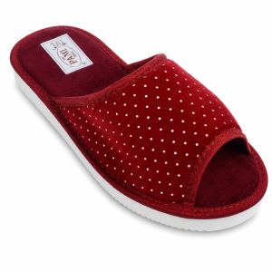 006-B. Damskie kapcie welurowe bez palców Pami – bordowe z delikatnym klinem 2,5 cm